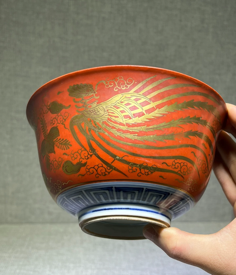 古玩陶瓷日本明治礬紅描金鳳紋茶碗真品鑒賞圖
