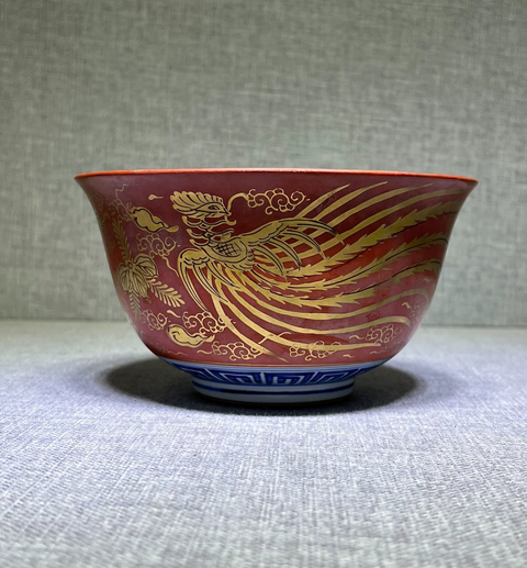 古玩陶瓷日本明治礬紅描金鳳紋茶碗真品鑒賞圖