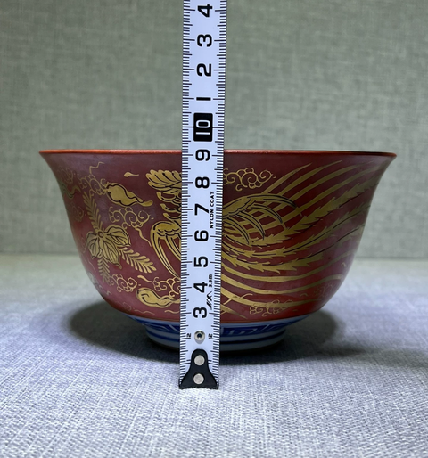 古玩陶瓷日本明治礬紅描金鳳紋茶碗真品鑒賞圖