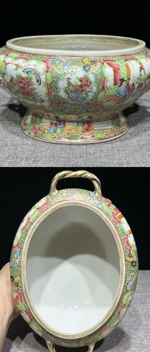 古玩陶瓷晚清.廣彩人物花鳥紋雙柄大蓋罐拍賣，當前價格5800元
