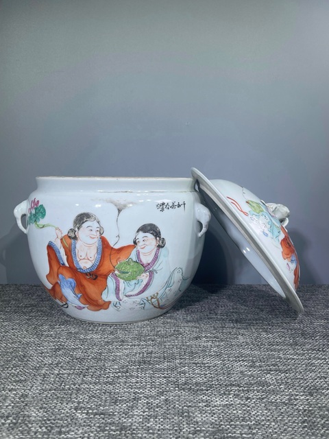 古玩陶瓷民國(guó)和合二仙四系粥罐拍賣，當(dāng)前價(jià)格650元