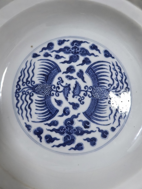 古玩陶瓷清光緒青花對頭鳳紋盤拍賣,當前價格9999元