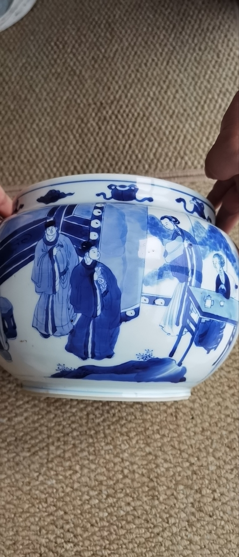 古玩陶瓷青花郭子儀拜壽圖粥罐，疑似復窯真品鑒賞圖