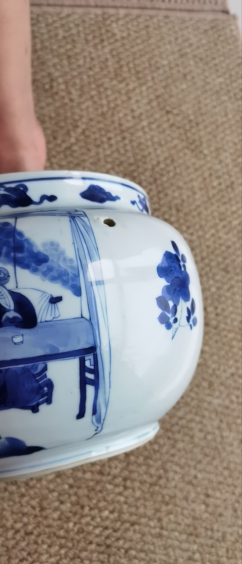 古玩陶瓷青花郭子儀拜壽圖粥罐，疑似復窯真品鑒賞圖