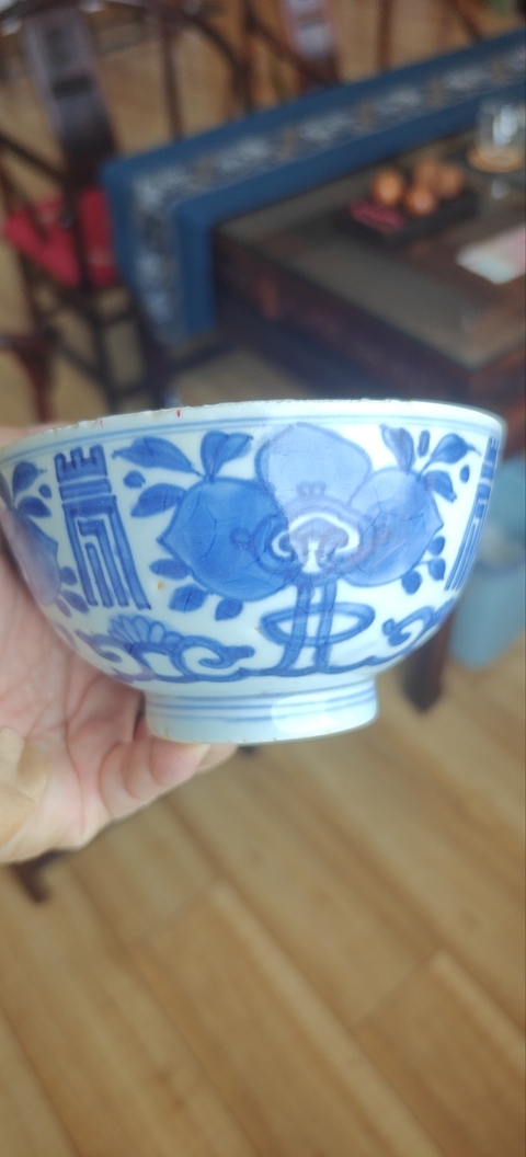 古玩陶瓷青花三多壽字紋茶碗真品鑒賞圖