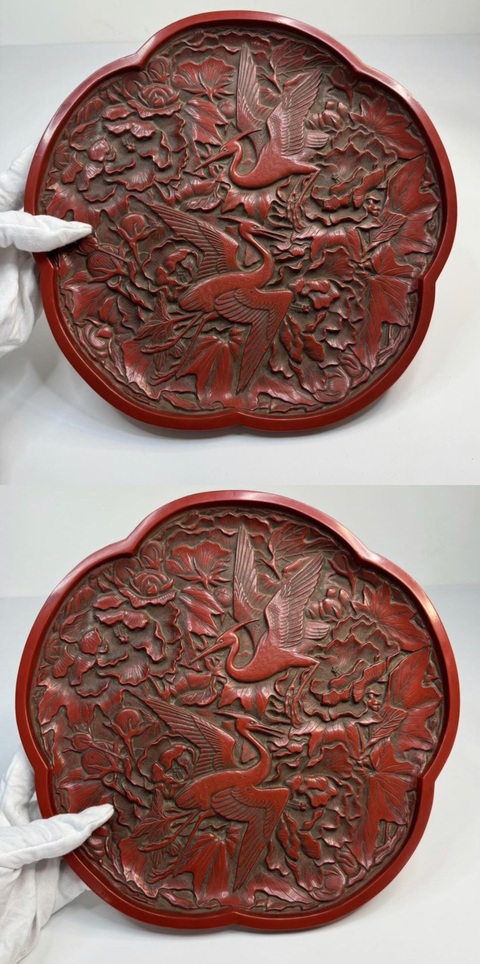 古玩雜項(xiàng)明晚期·剔紅鷺鷥牡丹紋 梅花盤拍賣,當(dāng)前價(jià)格88000元