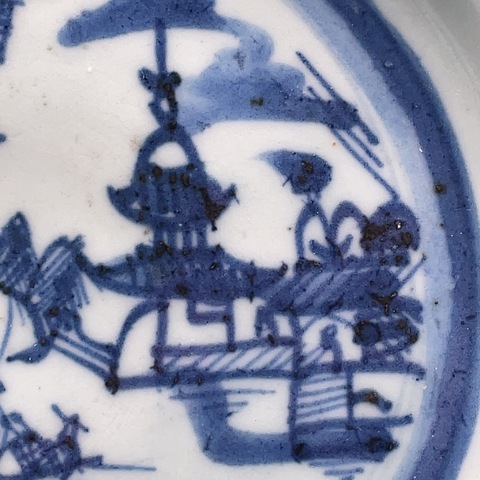 古玩陶瓷清乾隆樓臺亭閣山水紋青花盤拍賣，當前價格800元