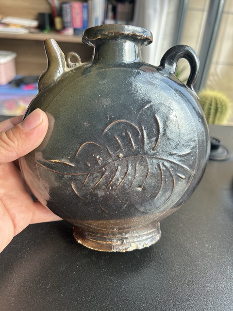 古玩陶瓷金元耀州窯黑釉樹葉紋扁壺（西夏風格）拍賣，當前價格1500元
