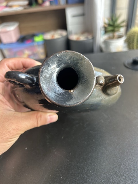 古玩陶瓷金元耀州窯黑釉樹葉紋扁壺（西夏風格）拍賣，當前價格1500元