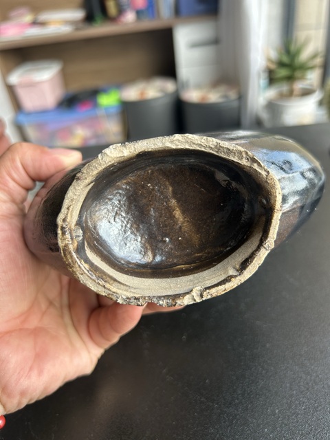 古玩陶瓷金元耀州窯黑釉樹葉紋扁壺（西夏風格）拍賣，當前價格1500元