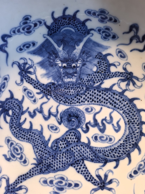 古玩陶瓷民國青花龍紋鏜鑼洗真品鑒賞圖