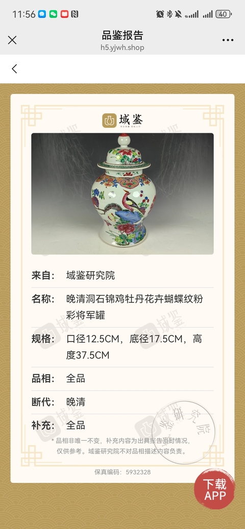 古玩陶瓷仿大清乾隆年製官窯晚清細路粉彩洞石花鳥紋將軍罐拍賣,當前價格12800元