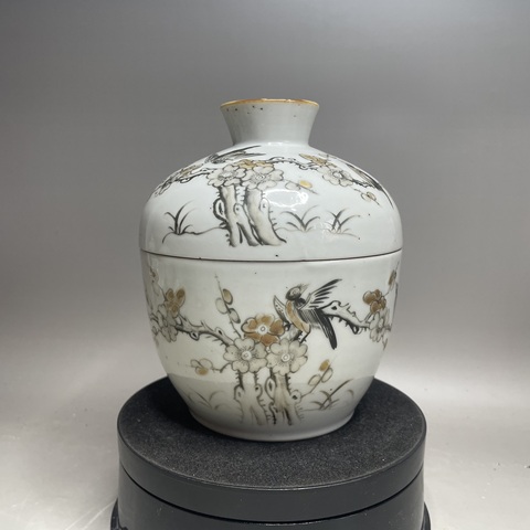 古玩陶瓷墨彩花鳥紋蓋缸真品鑒賞圖