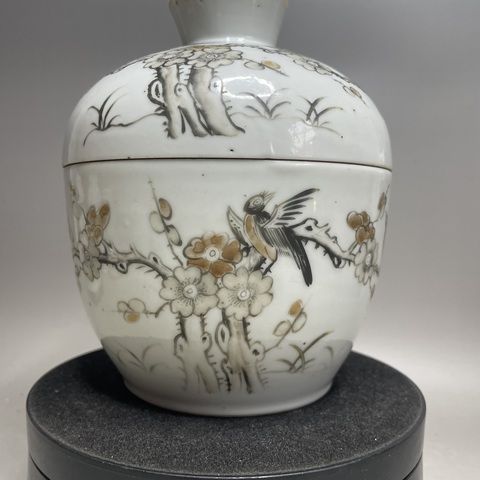 古玩陶瓷墨彩花鳥紋蓋缸真品鑒賞圖
