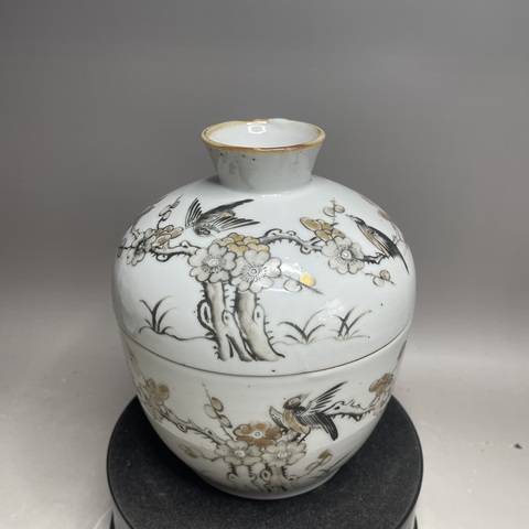古玩陶瓷墨彩花鳥紋蓋缸真品鑒賞圖