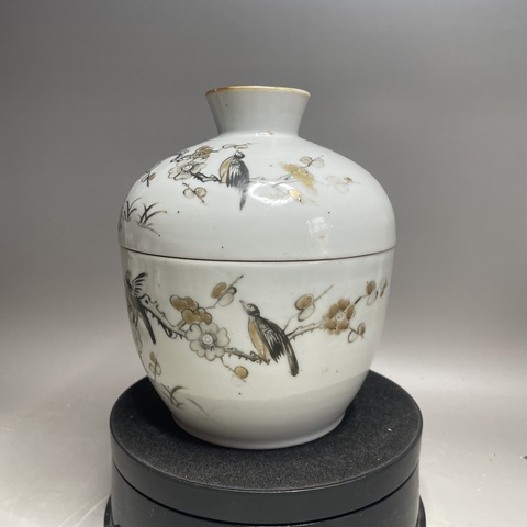 古玩陶瓷墨彩花鳥紋蓋缸真品鑒賞圖
