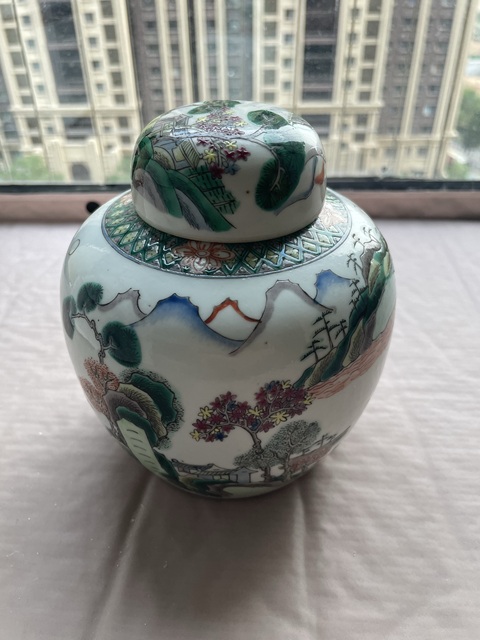古玩陶瓷清光緒粉彩山水高士圖蓋罐真品鑒賞圖