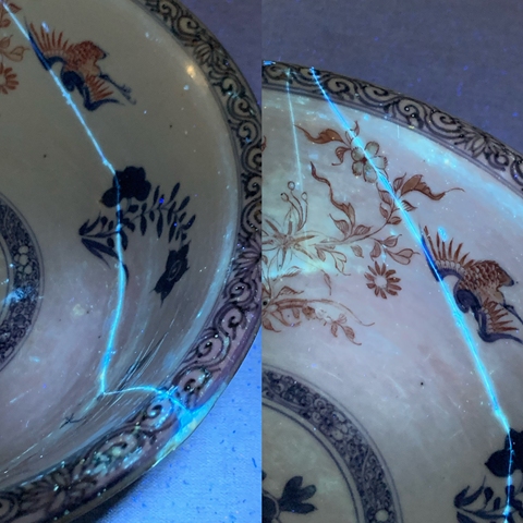 古玩陶瓷日本明治青花礬紅花鳥紋碗真品鑒賞圖