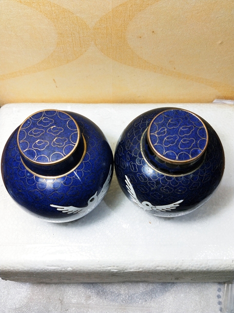 古玩雜項創匯時期 .景泰藍銅胎掐絲琺瑯花鳥紋小罐一對拍賣，當前價格366元