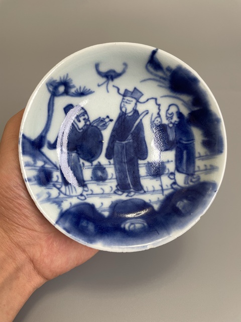 古玩陶瓷清中期 青花福祿壽三星人物紋筆舔真品鑒賞圖