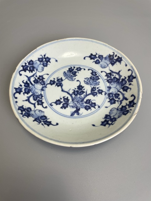古玩陶瓷清雍正 青花福壽三多紋盤拍賣，當前價格1400元