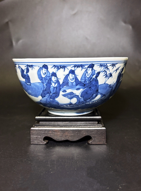 古玩陶瓷晚清·青花竹林七賢紋碗真品鑒賞圖