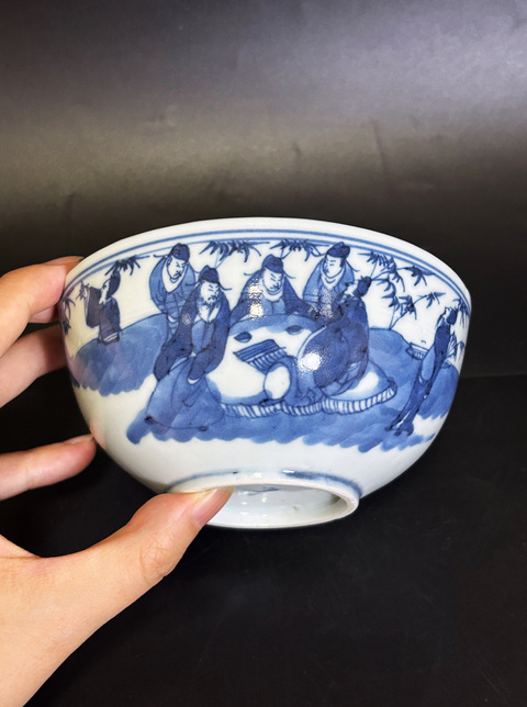古玩陶瓷晚清·青花竹林七賢紋碗真品鑒賞圖