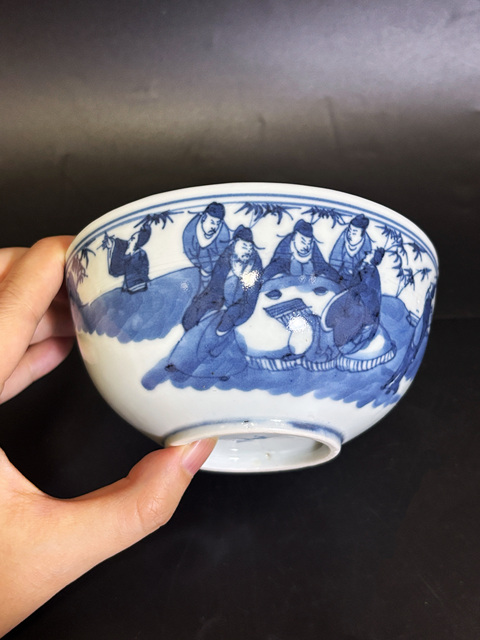 古玩陶瓷晚清·青花竹林七賢紋碗真品鑒賞圖