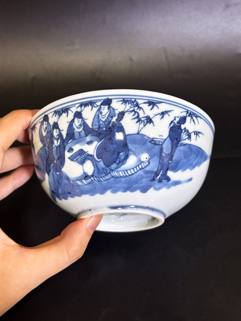 古玩陶瓷晚清·青花竹林七賢紋碗真品鑒賞圖