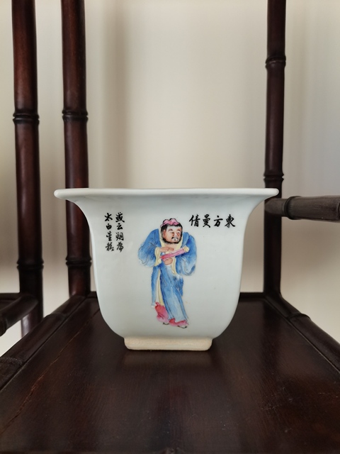 古玩陶瓷粉彩無雙譜人物花盆真品鑒賞圖