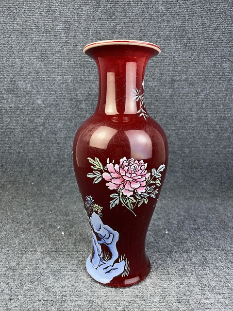 古玩陶瓷紅釉加彩花鳥紋觀音瓶拍賣，當前價格2588元