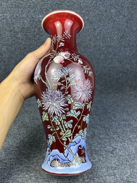 古玩陶瓷紅釉加彩花鳥紋觀音瓶拍賣，當前價格2588元