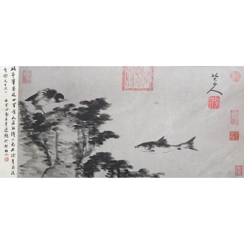 古玩字畫八大山人款水墨游魚圖真品鑒賞圖