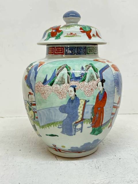 古玩陶瓷青花五彩人物故事紋蓋罐真品鑒賞圖