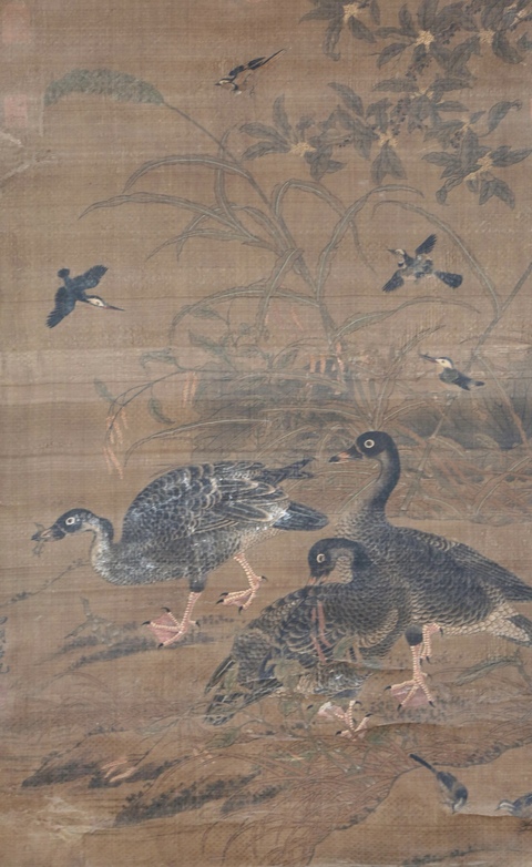 古玩字畫呂紀款工筆花鳥立軸真品鑒賞圖