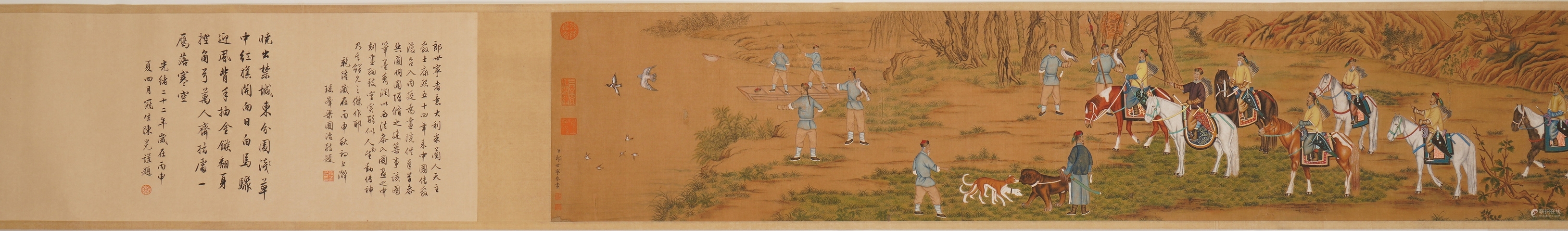 古玩字畫郎世寧款騎獵圖卷真品鑒賞圖
