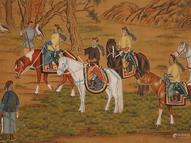 古玩字畫郎世寧款騎獵圖卷真品鑒賞圖