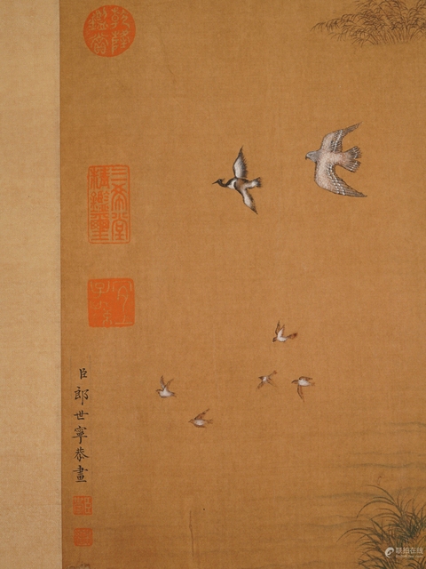 古玩字畫郎世寧款騎獵圖卷真品鑒賞圖