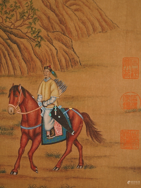 古玩字畫郎世寧款騎獵圖卷真品鑒賞圖