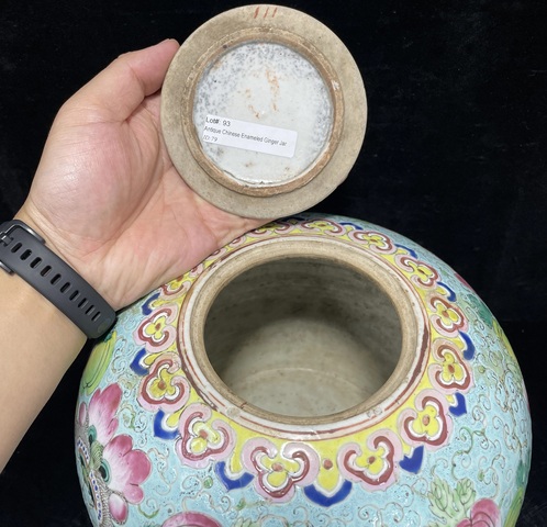 古玩陶瓷松石綠地粉彩瓜蝶連綿西瓜蓋罐拍賣，當前價格3999元