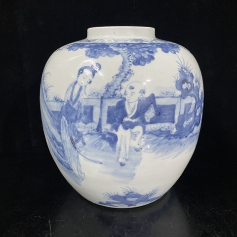 古玩陶瓷三娘教子圖青花罐真品鑒賞圖