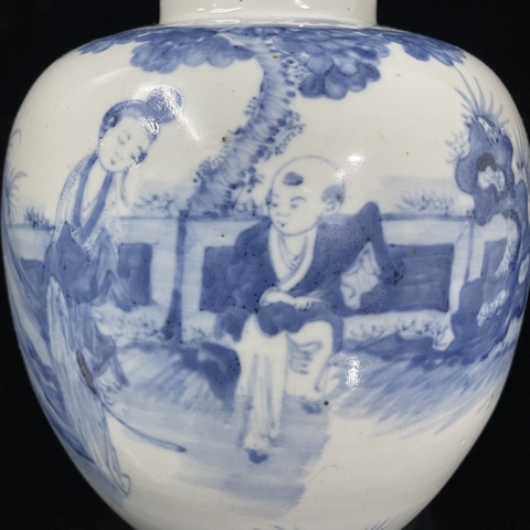 古玩陶瓷三娘教子圖青花罐真品鑒賞圖