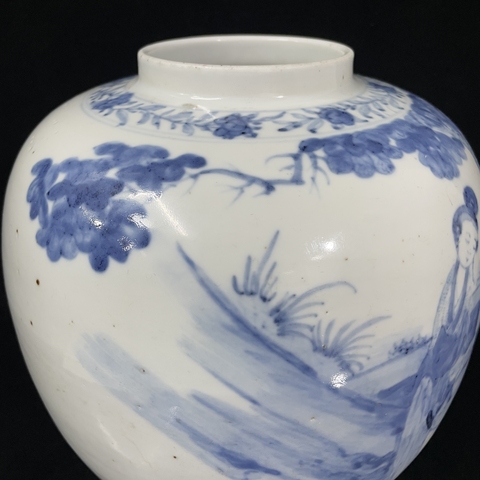 古玩陶瓷三娘教子圖青花罐真品鑒賞圖