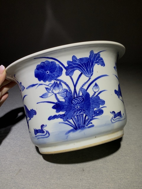 古玩陶瓷蓮池游禽滿池嬌青花花盆真品鑒賞圖