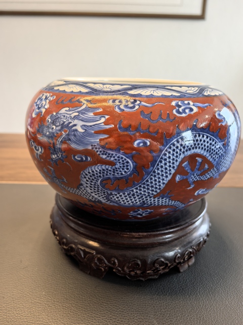 古玩陶瓷珊瑚紅青花龍紋水洗真品鑒賞圖