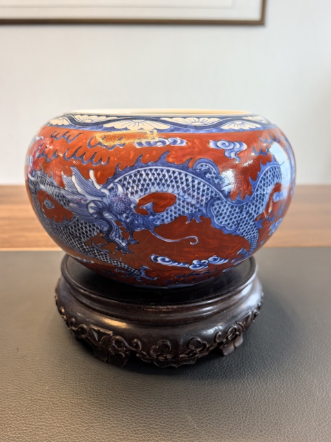 古玩陶瓷珊瑚紅青花龍紋水洗真品鑒賞圖