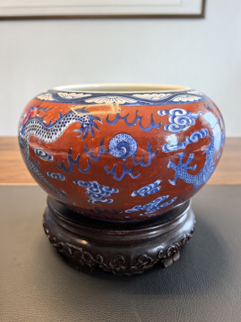 古玩陶瓷珊瑚紅青花龍紋水洗真品鑒賞圖