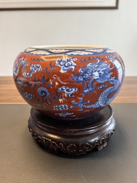 古玩陶瓷珊瑚紅青花龍紋水洗真品鑒賞圖