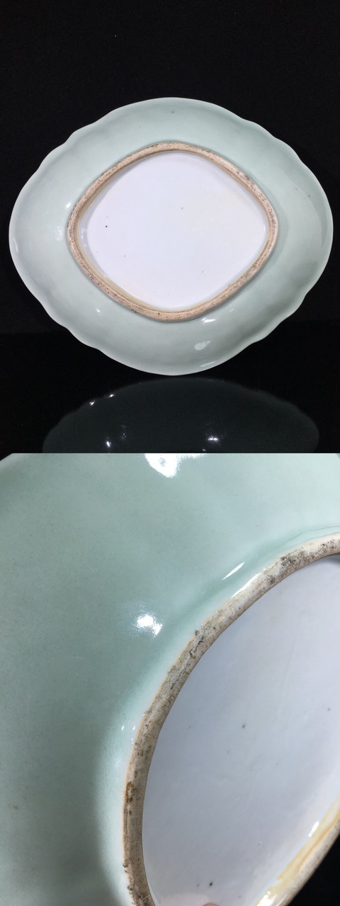 古玩陶瓷（全品）清中期道光豆青釉粉彩花鳥紋飾異形盤長27.5厘米，寬23.6厘米拍賣，當前價格3300元