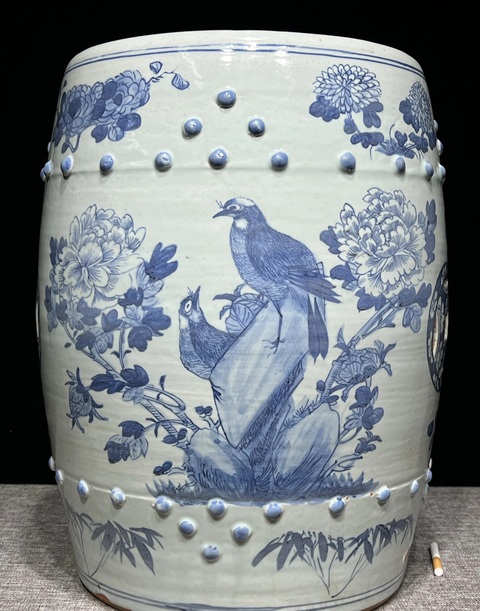 古玩陶瓷清光緒 青花富貴白頭鼓凳真品鑒賞圖